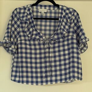 Women’s Topshop Blue Checkered Ruffle Blouse with Bow Detail